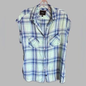 RAILS Britt Rolled Cap Sleeve Plaid Flannel Short Sleeve Button Top Large